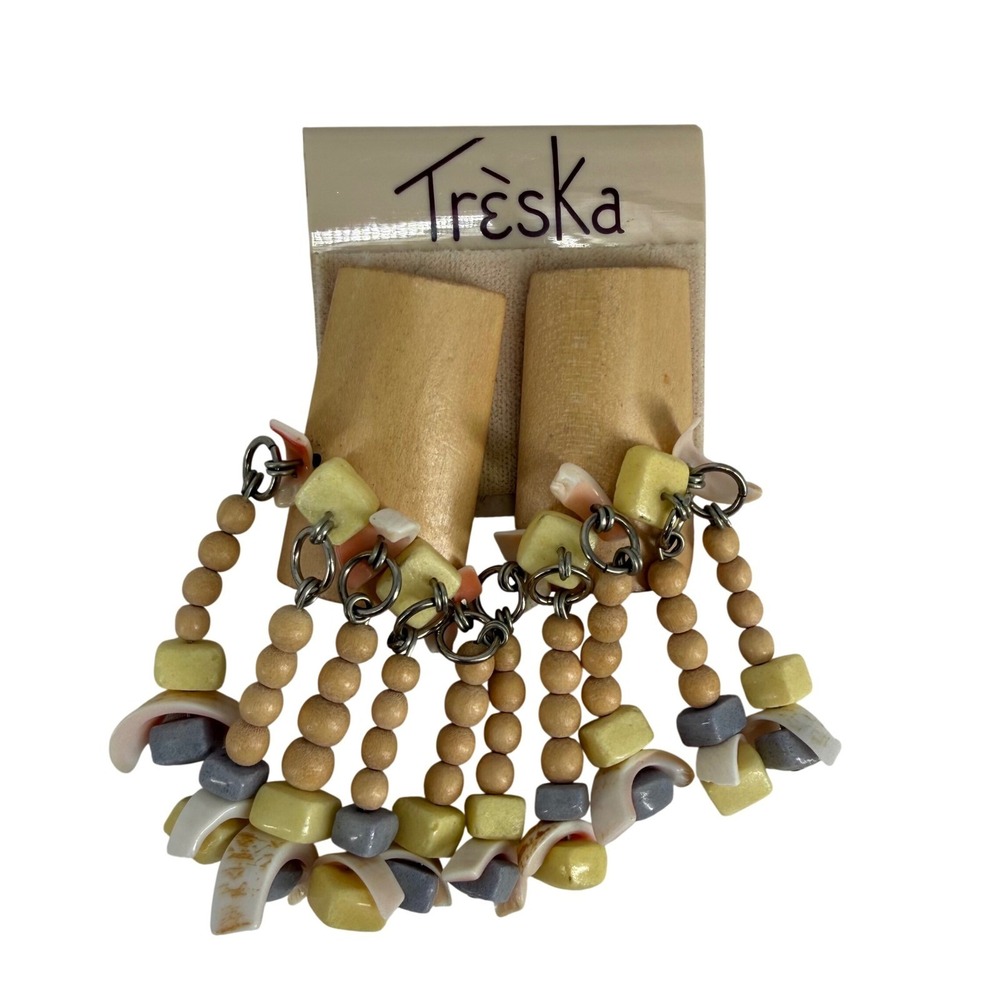 Vintage Treska Wood‎ Shell Beaded Statement Earrings Coastal Boho Dangle Pierced